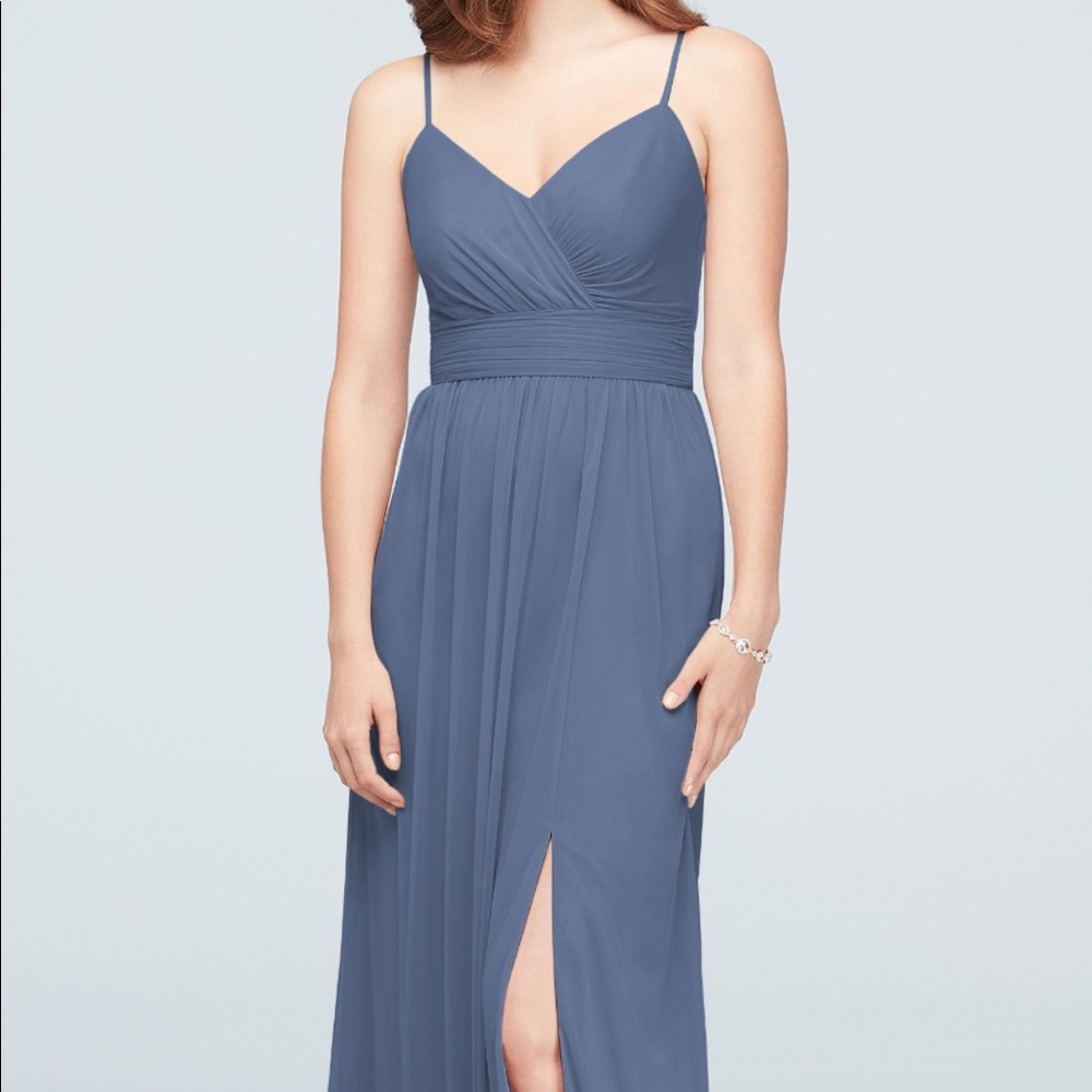 Spaghetti Strap Ruched Waist Mesh Bridesmaid Dress